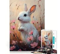 White Rabbit in Flowers Jigsaw Puzzle 1000 Pieces Mental Focus Game Precision Cut Smooth Edges Absorbing Activity for Quiet Nights (38x26cm)