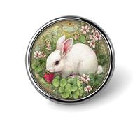 White Rabbit Nibbling A Strawberry Clover Round Brooch for Men Women Fashion Badge Collar Pin Dress Jacket Backpack Accessories