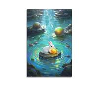 White Rabbit with Glowing Fruit on Water Stone Wall Art, Enchanting Fantasy Scene Decor Canvas Print for Living Room And Bedroom Artistic Wall Mural Modern Hanging Decor Poster12x18inch(30x45cm)