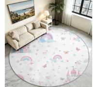 White Rainbow Castle Round Rug 90 cm, Butterfly Washable Play Carpet | Magical Fairytale Circle Floor Mat, Soft Non-Skid Low Pile Base, Pretty Play Area Rug for Nursery & Kids Bedroom