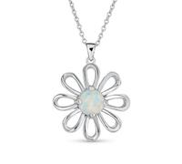 White Rainbow Created Opal Daisy Flower Pendant Necklace For Women .925 Sterling Silver October Birthstone