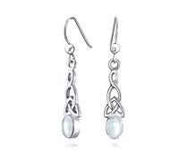 White Rainbow Moonstone Celtic Irish Love Knot Work Oval Bezel Set Fish Hook Dangle Earrings .925 Sterling Silver