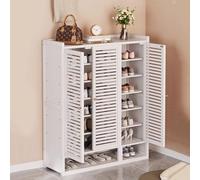 White Rattan Shoe Sto Cabinet Space-Saving Shoe Rack with 3 Doors Slish Shoe Shelves for Hallways Modern Shoe Cupboard 88×32×95cm