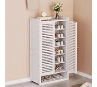 White Rattan Shoe Storage Cabinet with Doors - Space-Saving Shoe Rack for Hallways 2-Door Shoe Cupboard with Shelves 59×32×110cm Stylish Footwear nizer