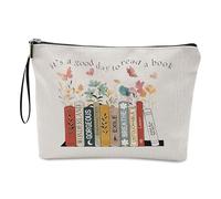 White Reading Themed Makeup Bag - Personalized Canvas Toiletry Pouch for Women - Good Day to Read Bookish Accessories & Stationery Storage - Versatile Travel Organiser for Book Club Members