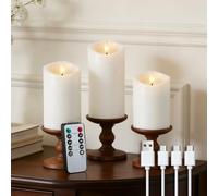 White Real Wax LED Rechargeable Flameless Battery Operated Pillar Candles | Flickering Flameless Candles Melted Edge with Remote and Timer, LED USB Type-C Candles, Set of 3 (3" x 4",5",6") ,Home Decor