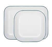Argon Tableware 2 Piece Baking Tray Set - Green Rim - Lightweight Metal Rectangular Enamel Oven Tray Kitchen Bakeware Flat Cooking Pan for Roasting, Baking