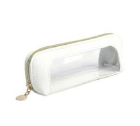 White Rectangular Cosmetic Case with Clear Front Panel & Gold Zipper - Smooth Faux Leather Organiser Pouch for Makeup Brushes, Pens, Small Beauty Tools, Portable Travel Storage Bag (White Clear Pouch)