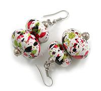 White/Red/Black/Green Colour Fusion Wooden Double Bead Drop Earrings - 55mm L