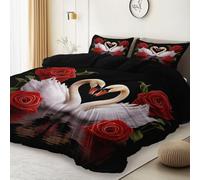 White Red Duvet Cover Super King Size Breathable Bedding with 2 Pillowcase, Romantic Swan Rose Love Elegant Pattern Decorative Soft Quilt Set, Dog Lover Girl Reversible Lightweight Duvet Cover