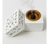 White Resin Bakhoor Burner with Brass Insert - Geometric Cut Design Incense Burner for Home, Prayer Room, Meditation - Heat Resistant Lid for Bakhoor & Incense Bricks JR23081