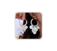 White Resin Flower Pearl Hoop Earrings - Large Acrylic Floral Drop Dangle for Wedding, Bridal Rose Petal Gold Statement Jewelry