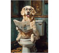 White Retriever on Toilet Jigsaw Puzzle 1000 Pieces for Adults - Quirky Dog Reading Newpaper with Glasses - Dog Bathroom Decor Puzzles