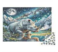 White Rhinoceros 1000 Piece Jigsaw Puzzle Premium Paper Rhino at Mountain Lake Challenging Brain Teaser Puzzle Enthusiasts Adults Cognitive Development Indoor Solo Activity 52x38cm/1000pcs