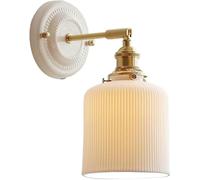 White Ribbed Glass Home Decoration Wall Sconce French Country Milk Glass Wall Light Nordic Ceramic Shade Indoor Gold Wall Mounted Lamp Bedroom Wall Lighting for Bedside Living Room Hallway(Color