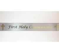White Ribbon with First Holy Communion Printed in Silver or Gold 25mm x 1m (Silver)