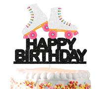 White Roller Skating Happy Birthday Cake Topper - Neon Roller Skating Party Retro Rock Disco Themed Party Decoration Supplies for Boys or Girls - SugarGera