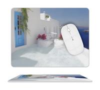 White Romantic Aegean Sea Mouse Pad Ultra Thin, Leather Mousepad with Waterproof Smooth Surface, Anti Slip Mouse Pad for Gaming, Office & Home 9.4"x7.9"