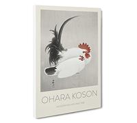 White Rooster & Hen Ohara Koson Canvas Print | Gallery Wrapped 30mm Frame Wall Art | 30x20 inches | Ready to Hang | Asian Picture | Living Room Bedroom Lounge Office