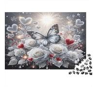 White Rose Butterfly 1000 Piece Jigsaw Puzzle Paper Puzzle Game for Adults Romantic Heart Elements Home Decoration Relax 38x26cm/1000pcs