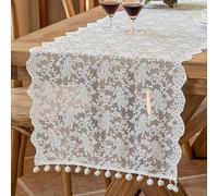 White Rose Floral Lace Table Runner, 45x300cm Pom Pom Tassel Table Runner, Vintage Scalloped Edge Table Decor for Wedding Easter Spring Dining Room (45x120cm,Ilo - White)