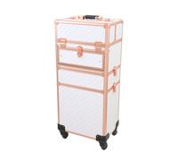 White Rose Gold Rolling Makeup Case, 3-in-1 Aluminum Cosmetic Trolley w/ Flip Trays & Lock Latches, Large Storage Makeup Artist Travel Organizer Box