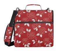 White Rose Lines Red Retro 1.5 Inch 3 Rings Binder Zipper with Strap Waterproof Portable Home Travel Safe Storage Bag for Middle Student