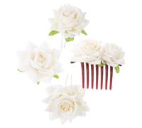 White Rose Side Comb Hair Clip for Brides, Elegant Floral Accessory | Cloth and Metal Details, Lightweight Secure Fit, Beige Set with Seven-tooth Comb, U Clips, Brooch Pin