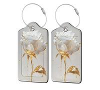 White Roses Gold Liquid Luggage Tag for Suitcase 2 Pack Leather Luggage Tag with Privacy Flap Name Id Label and Metal Loop for Women Men Travel