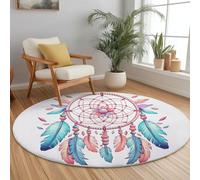 White Round Area Rugs for Living Room - Soft Flanell Material, Minimalist Dream Catcher Printed Easy Care Low Pile Carpet, 100 cm Washable Non Slip Circle Rug for Dining Room Lounge Kitchen