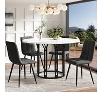 White Round Dining Table Set with 4 Chairs & Bench 5 Piece Marble Top Dining Table for Kitchen Dining Room and Living Room Linen Cover 100x100 cm