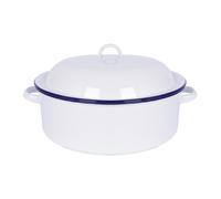 Argon Tableware 30cm White Round Enamel Roaster with Blue Rim - Durable Oven & Camping Roasting Pan, Self-Basting Lid, Rustic Kitchenware for Chicken, Meat & Vegetables