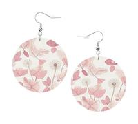 White Round Leather Earrings, Floral Hand Painted Pattern Fashion Teardrop Dangle Hoop Earring Set, Women Accessories Jewelry Gifts