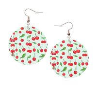 White Round Leather Earrings, Red cherries and leaves Fashion Teardrop Dangle Hoop Earring Set, Women Accessories Jewelry Gifts