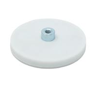 White Rubber Coated POS Magnet Countersunk with M6 External Thread for Retail Fixing and Holding Heavy Objects - 66mm dia x 8mm high - 22kg Pull