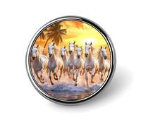 White Running Horses Sunset Round Brooch Pins Badge Printed Button Tie Lapel Backpack Pin Decoration for Women Men