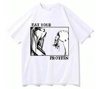 (white, S) Attack On Titan T-Shirts Eat Your Protein Shirt Man Women Summer Casual O-Neck Short Sleeve Shirts