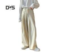 (white, S) Men Pants Solid Color Ice Silk Oversized Wide Leg English Style Deep Crotch with Pockets And Ropes Zippered Trousers for Daily Home Streetwear Sports