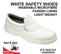 WHITE SAFETY SHOES,SLIP ON,MICROFIBRE UPPERS,ANTISLIP SOLE,FW81. STEEL TOE CAP