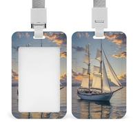 White Sailing Ship at Sunset Badge Holder Waterproof Plastic ID Card Badge Holders with Lanyard Vertical Card Case Protector Pouch Clear Window Work Badges for Women Men