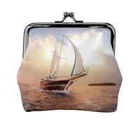 White Sailing Ship at Sunset Full Double-Sided Printed Pattern Women's and Girls' Fashionable Leather Kiss Lock Coin Purse Card Bag