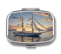 White Sailing Ship at Sunset Pill Case Travel Portable Pocket Pill Box 2 Compartment Medicine Case Large Capacity Daily Pill Cases Vitamin Organizer Medicine Organizer Small Pill Box