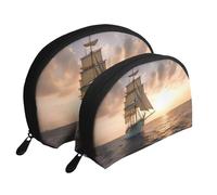 White Sailing Ship at Sunset Portable Shell Cosmetic Bag Set - Travel Makeup Organiser with Zipper & Inner Compartments