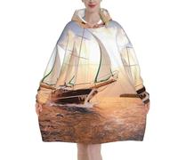 White Sailing Ship At Sunset Print Flannel Blanket Hoodie, Oversized Blanket Hoodie For Adults, Wearable Hooded Sweatshirt With Pocket For Teenagers