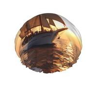 White Sailing Ship at Sunset Print Shower Cap for Women Men, Reusable Double-Layer Fabric Bathing Cap Girls Hair Caps
