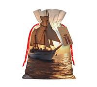 White Sailing Ship at Sunset Printed Christmas Drawstring Bags,M | Reusable Xmas Gift Storage Bags, Red Christmas Ribbon