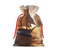 White Sailing Ship at Sunset Printed Christmas Drawstring Bags,M | Reusable Xmas Gift Storage Bags, Red Ribbon