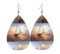 White Sailing Ship At Sunset Teardrop Pierced Earrings For Women, Geometric Drop Earrings, Fashion Dangle Jewelry For Evening Events