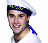 White Sailor Hat Marine Cadet Blue Ribbons Navy Captain Officer Fancy Dress