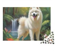 White Samoyed Dog 1000 Piece Jigsaw Puzzle Paper for Adults Forest Waterfall Scene Puzzle Game for Family Relaxation Focus Home Decor Gift 38x26cm/1000pcs